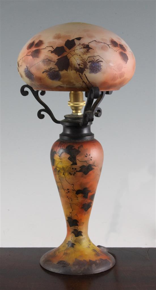 A Peynaud enamelled glass lamp base and shade, early 20th century, total height 33cm